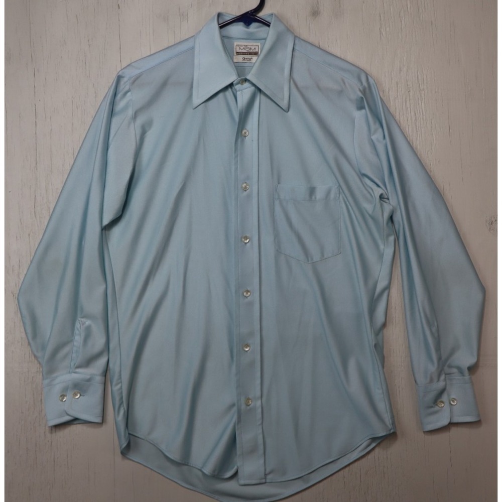 True Vintage MGM Mervyns Button Up Shirt Blue Qiana Nylon Size 15.5 32/33 (M)